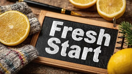 Goal Setting 2026, cozy flat lay featuring fresh start chalkboard with lemons, pine and rustic textures, representing seasonal motivation, natural clarity, and intentional fresh lifestyle reboot