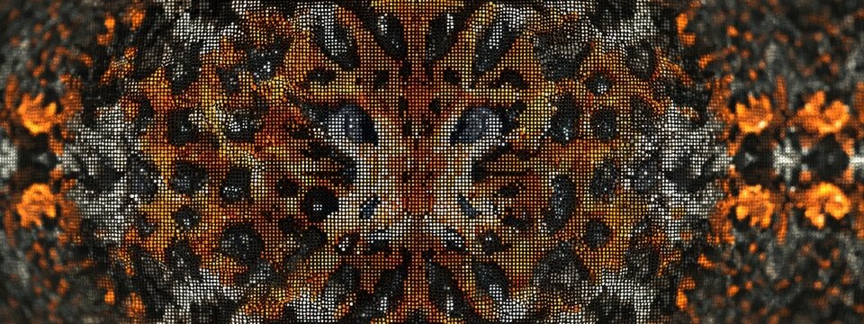 Leopard skin transformed into holographic data matrix, orange and silver glow, pixelated organic pattern, abstract geometric symmetry, sci fi digital - Powered by Adobe