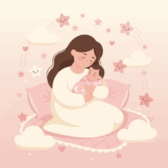 Mama Holding Newborn
Flat-vector nursery illustration of a mother cradling her newborn baby, soft rounded shapes, 