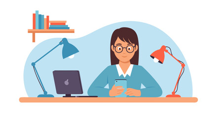 Cheerful entrepreneur browsing mobile at bright desk with laptop, radiating productivity and focus in a modern, digitally connected workspace