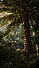 Obraz premium Ancient Wollemi Pine Thrives Amidst Lush Prehistoric Jungle Ferns Sunlight Scene