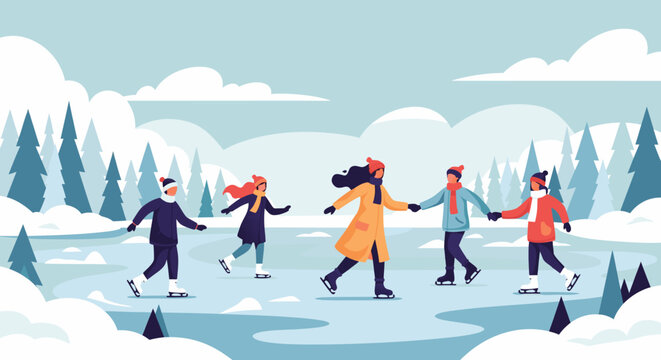Group ice skating brings winter joy and festive spirit, perfect for holiday promotions and seasonal content, ideal for family fun and outdoor activities