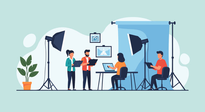 Dynamic team collaborating on modern photography project, enhancing brand visuals and marketing campaigns with creative studio expertise, perfect for advertising