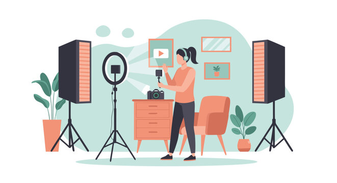 Create captivating content at home a woman recording videos with professional lighting for social media, a modern digital influencer creating engaging content