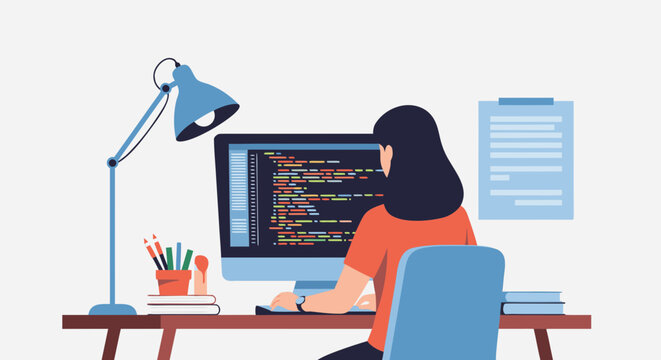 Dedicated woman coding at her computer, solving complex problems with elegant code at her desk, bringing modern solutions to life through technology