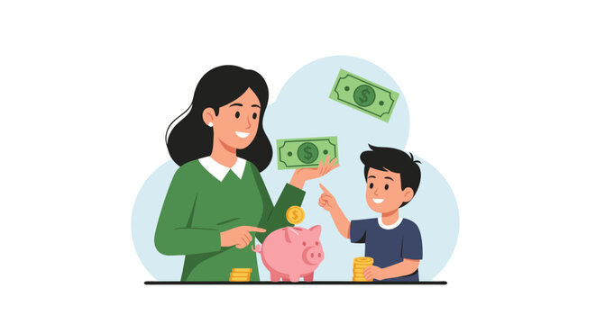 Family financial literacy with mom teaching child about saving money in piggy bank, planning for future, and building wealth in a responsible manner