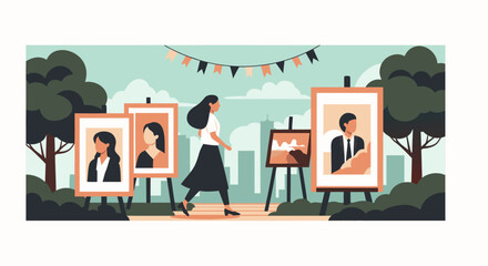 Woman enjoys outdoor art exhibition with portraits and landscape paintings, celebrating culture in the city park, promoting local artists with style