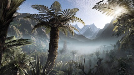Ancient Wollemi Pine Majesty Amidst Lush Ferns and Misty Mountain Peaks Landscape