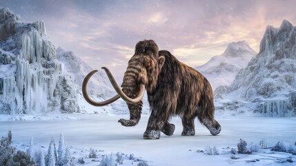 Majestic woolly mammoth walks across an icy prehistoric landscape of mountains and snow