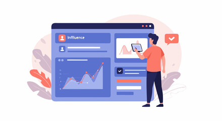Man manages online influence growth and checks business analytics on dashboard, perfect for social media marketing, data analysis, and digital strategy