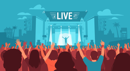 Feel the Energy: Vibrant crowd enjoying a live concert with a performer on stage, perfect for event promotions and music festival advertising