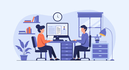 Team collaboration in a modern office, two people working together on a project, perfect for illustrating teamwork, remote work, and business in a contemporary style