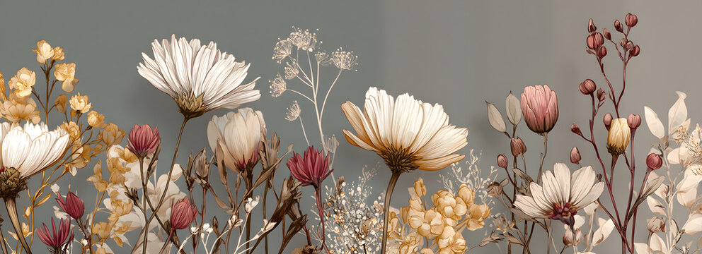 Luxury botanical background with trendy wildflowers and minimalist flowers for wall decoration or wedding. Hand drawn line herb, elegant leaves for invitation save the date card. Botanical