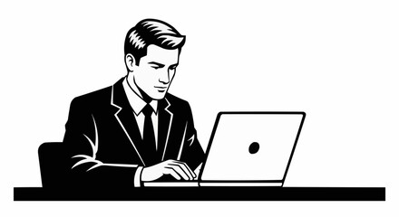 Professional Businessman Working Diligently on Laptop at Desk.