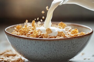 A bowl of cereal with milk being poured into it, with a spoon resting on the edge of the bowl.