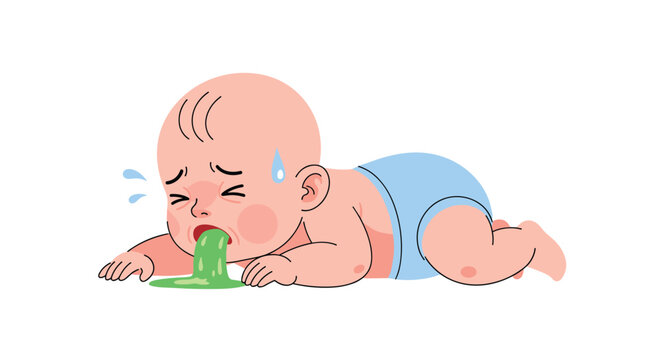 Unfortunate cartoon baby lying on its stomach and throwing up green vomit, illustrating a moment of sickness, colic, or illness.