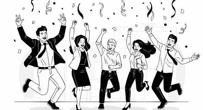 Joyful colleagues celebrate success with raised arms and confetti.