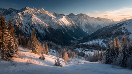 Snowy mountain range with pine trees and a valley under a clear blue sky at sunset time