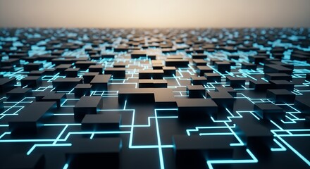 Obraz premium Abstract Technology Grid with Glowing Lines and Dark Cubes.