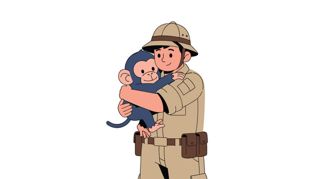 Caring zookeeper or park ranger in a safari uniform, giving a tender and loving hug to a small, cute baby monkey character.