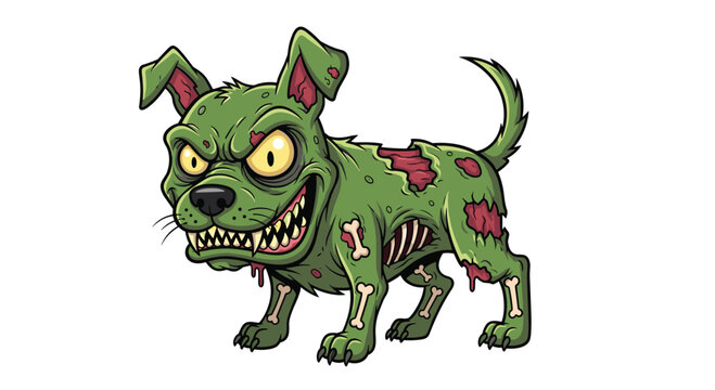 Vicious green zombie dog with glowing yellow eyes, snarling aggressively and showing rotting flesh with exposed bones and sinew.
