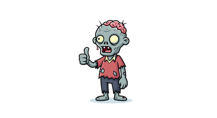 Surprisingly positive cartoon zombie with an exposed brain, giving a confident thumbs-up gesture despite his tattered appearance.