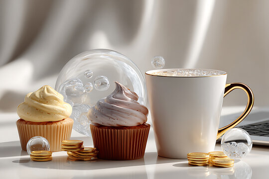 Indulge in sweet success with creamy cupcakes, gold coins, and a steaming coffee, capturing the essence of luxurious treats and financial prosperity, ideal for decadent indulgence - Powered by Adobe