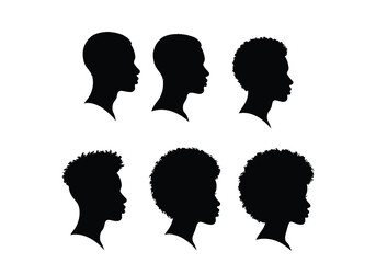 Silhouettes of diverse african hairstyles in profile view