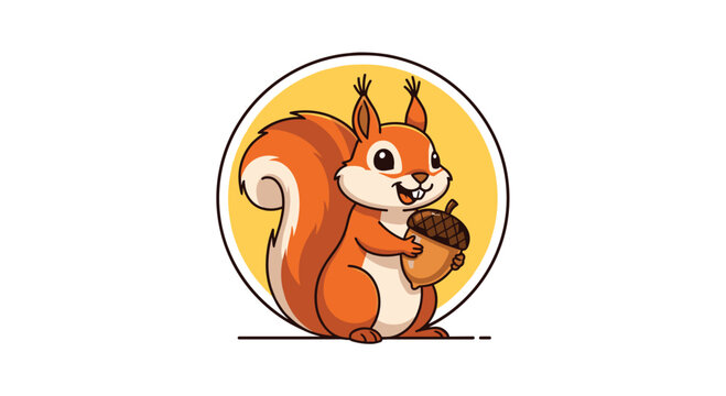 Cute cartoon squirrel with a big bushy tail smiles while holding a large acorn, presented in a circular yellow frame design.