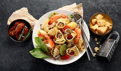 Seafood sauce italian pasta, mediterranean recipe.