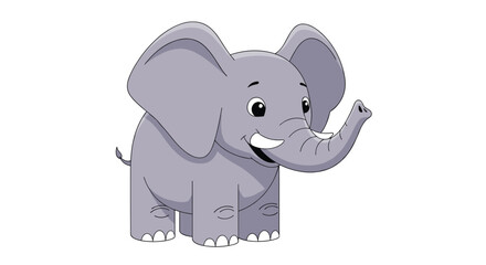 Fototapeta premium Adorable gray baby elephant with large ears and white tusks is smiling happily with its trunk raised in the air.