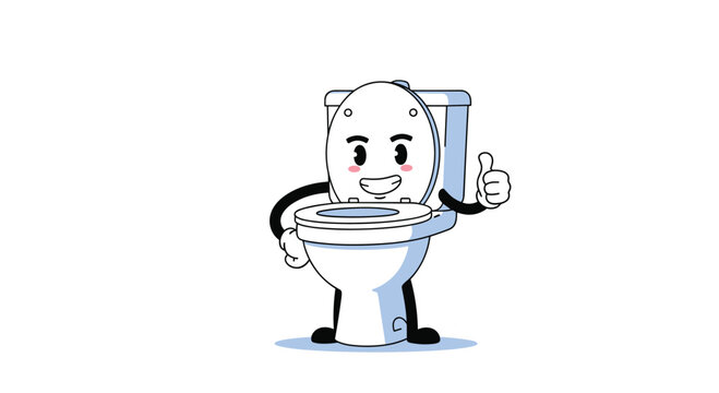 Funny cartoon toilet character with a happy face and limbs gives a thumbs up, representing cleanliness and proper hygiene.