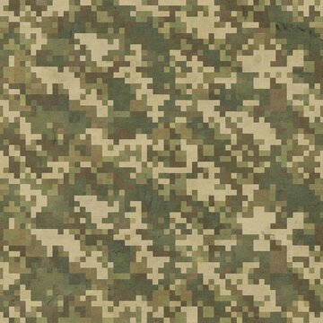 A seamless digital military camouflage pattern featuring pixelated shapes in green, tan, and brown earth tones.