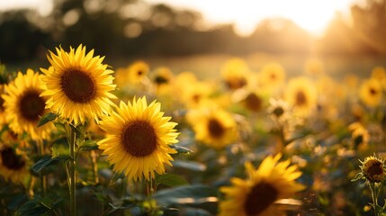 Obraz premium Sunflower field at sunset showing yellow flowers turning towards the warm evening sun in a summer nature scene