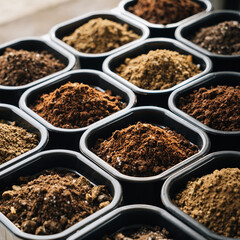 Close-up shot of various soil samples in black square containers, showcasing different textures and colors.