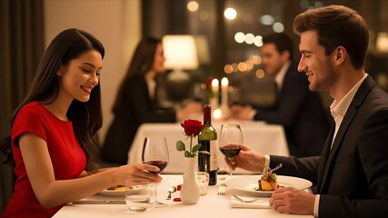 A beautiful couple enjoys a romantic evening dinner at an elegant restaurant, celebrating a special occasion. They are seated at a finely set table with a crisp white tablecloth, clinking their wine g - Powered by Adobe