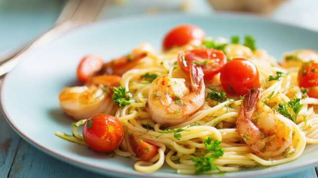 Mediterranean shrimp pasta with olive oil, garlic, cherry tomatoes, and parsley on a light blue plate, clean background, appetizing close