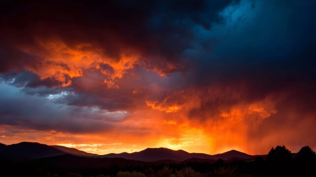 Fiery orange sunset over remote mountains with dark storm clouds and rain streaking across the dramatic sky