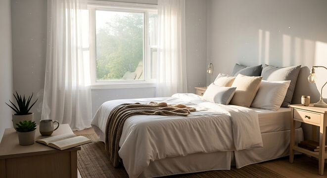 Bright and Cozy Bedroom Scene with a Comfortable Bed, Natural Light, and Reading Nook