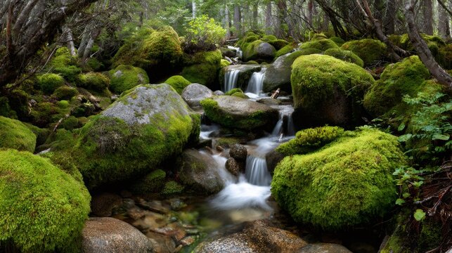 Forest stream flowing over moss covered rocks and small waterfalls, showcasing vibrant green nature and wilderness tranquility