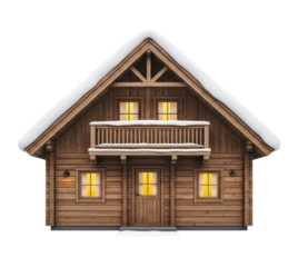 Wooden cabin with snow covered roof transparent background cutout png