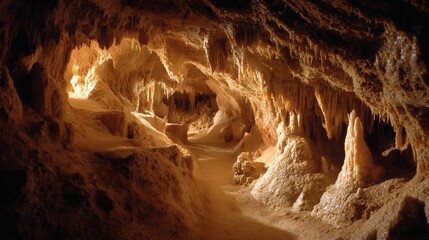 Illuminated underground cave showing stalagmites, stalactites, and intricate rock formations creating a natural wonder