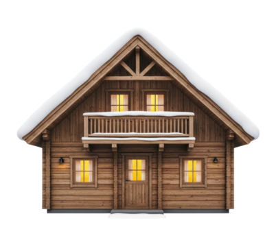 Wooden cabin with snow covered roof transparent background cutout png