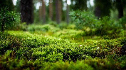 Green moss covering the woodland ground, adding texture and vibrant growth to the calm forest environment