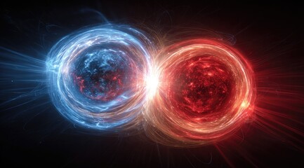 Obraz premium Two swirling, luminous orbs, one blue and one red, collide in a cosmic dance of energy, emitting bright rays and streaks of light against a dark background