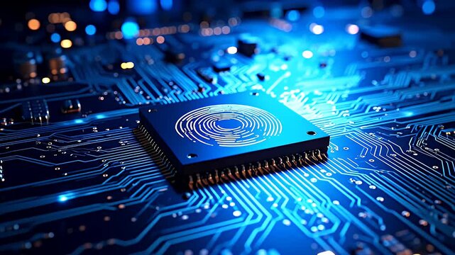 Close up of a glowing blue computer processor chip with intricate circuit board pathways and illuminated lights in a