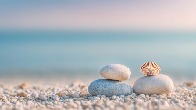 Minimalist composition of smooth sea stones and seashell on sandy Mediterranean beach, pastel sky and gentle gradient water tones, calm mood