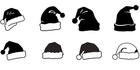 A collection of eight different Santa hats are displayed in a simple black and white vector graphic. The hats vary in style and shape, but all have the classic white fluffy trim.