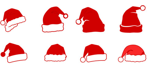 Eight red santa hats are isolated on a transparent background, each showcasing a unique design variation of the classic christmas headwear.