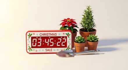 Red timer with text christmas sale displaying 03:45:22 next to potted plants